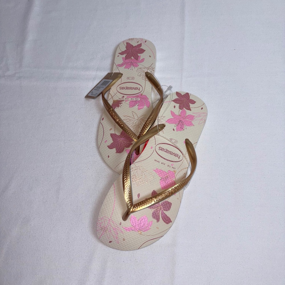 Havaianas Slim Floral Flip Flops 7 8 Beige Gold New Lily Print Metallic Sandals